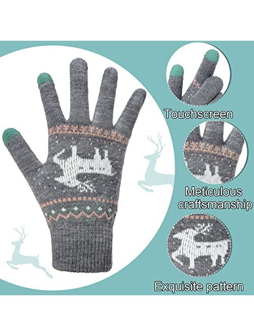 4 Pairs Winter Touch Screen Gloves Deer Fleece Lining Texting Gloves Cozy Deer Pattern Mittens Warm Knitted Gloves Christmas Stocking Stuffers for Women Men