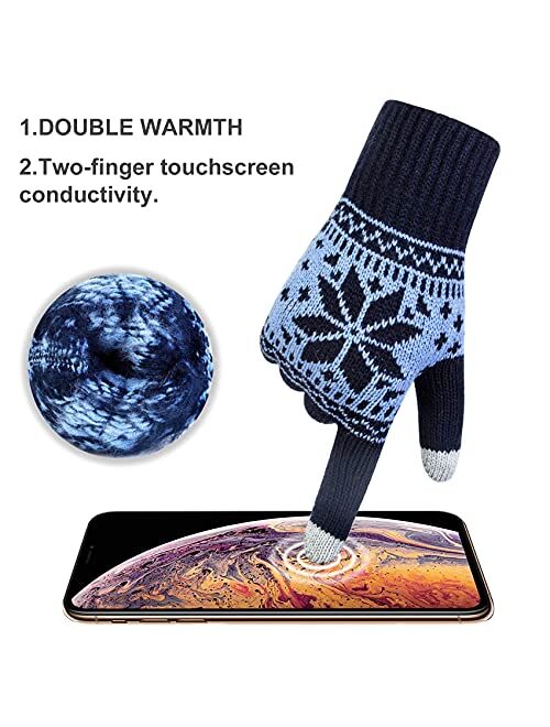 YSense 3 Pairs Touch Screen Gloves Snow Flower, Warm Knit Winter Gloves Christmas Gifts Stocking Stuffers
