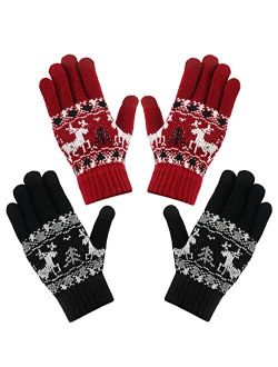 2 Pairs Christmas Winter Touchscreen Gloves, Deer Stretch Fleece Lined Knitted Texting Gloves, Christmas Gifts