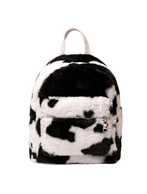 Fuzzy Pink Backpack Fluffy Cow Print Shoulder Bag Casual Girls Small Purse (Pink Cow Print,Faux Fur)