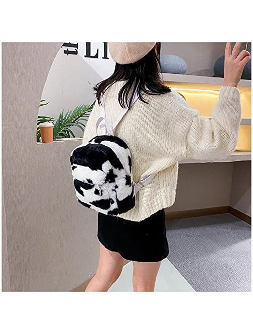 Fuzzy Pink Backpack Fluffy Cow Print Shoulder Bag Casual Girls Small Purse (Pink Cow Print,Faux Fur)