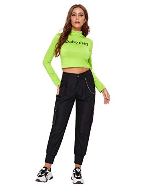 Milumia Women Casual High Waist Pocket Side Cropped Jogger Cargo Pants with Chain
