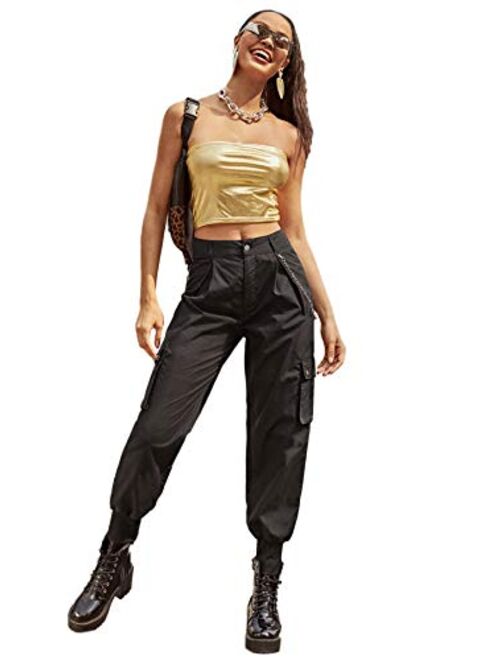 Milumia Women Casual High Waist Pocket Side Cropped Jogger Cargo Pants with Chain