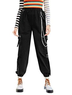 Women Elastic High Waisted Cargo Pants Jogger Workout Cropped Sweatpants