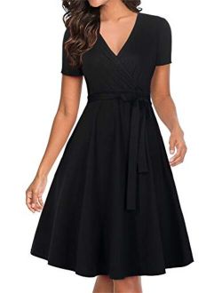 Manydress Women's Short Sleeve V Neckline Fit and Flare Vintage Swing Midi Cocktail Party Wrap Dress with Pocket MY065