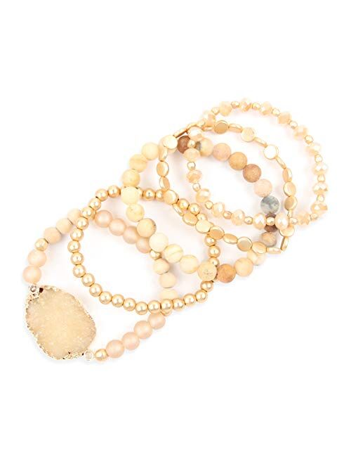Riah Fashion Bohemian Acrylic Druzy Multi-Layer Bead Statement Bracelet - Versatile Faux Stone Pendant Stretch Strand Stackable Cuff Bangle Set Sparkly Crystal