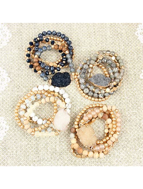Riah Fashion Bohemian Acrylic Druzy Multi-Layer Bead Statement Bracelet - Versatile Faux Stone Pendant Stretch Strand Stackable Cuff Bangle Set Sparkly Crystal