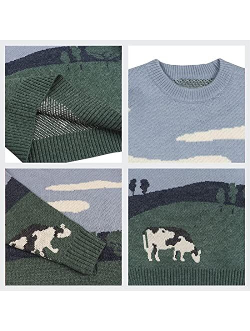 Vamtac Mens Grassland Cow Vintage Oversize Knitted Sweater Long Sleeve Round Neck Knitted Pullover Jumper