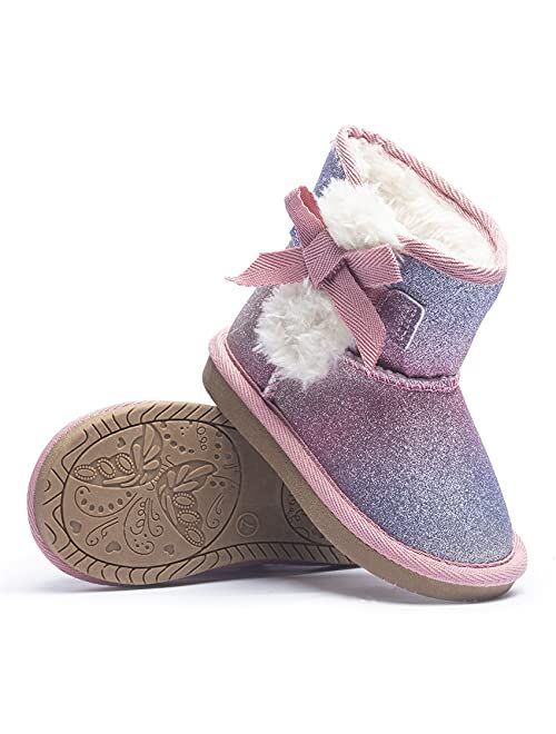 KRABOR Toddlers/Little Girls Boots,Glitter Warm Winter Snow Shoes with Cotton Lining and Cute Bow