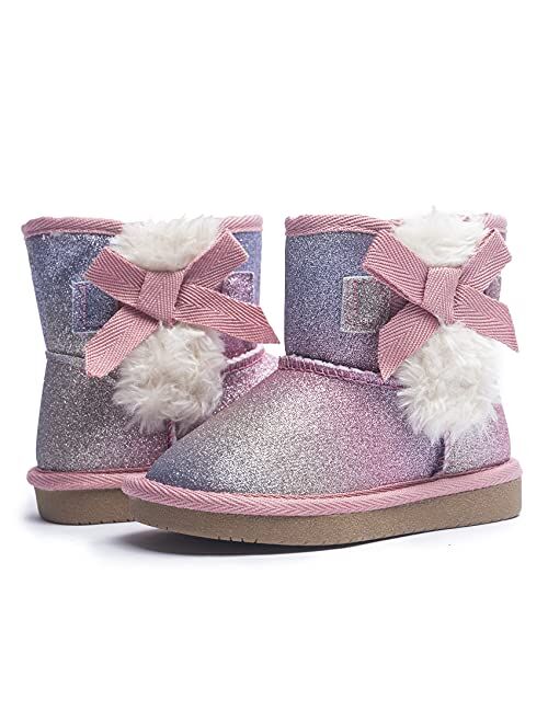 KRABOR Toddlers/Little Girls Boots,Glitter Warm Winter Snow Shoes with Cotton Lining and Cute Bow