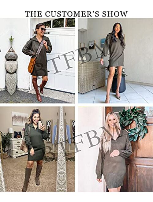 BTFBM Women Casual V Neck Knit Mini Sweater Dresses Long Sleeve Loose Fit Solid Color Ribbed Hem Pullover Jumper Sweaters