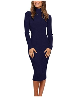 Women's Ribbed Long Sleeve Sweater Dress High Neck Slim Fit Knitted Midi Dress