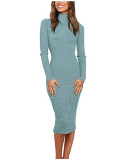 Women's Ribbed Long Sleeve Sweater Dress High Neck Slim Fit Knitted Midi Dress
