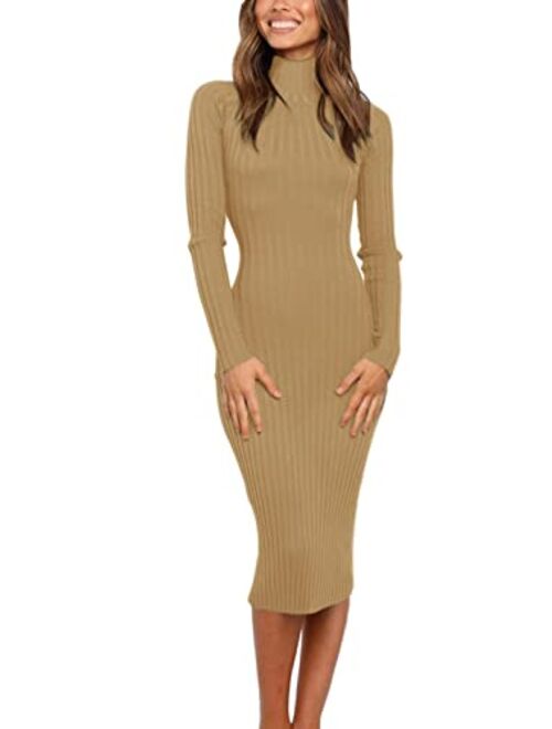 MEROKEETY Women's Ribbed Long Sleeve Sweater Dress High Neck Slim Fit Knitted Midi Dress