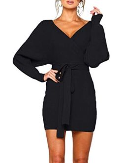 Zonsaoja Women's Sweater Dress Sexy V Neck Long Sleeve Backless Wrap Knitted Mini Dresses