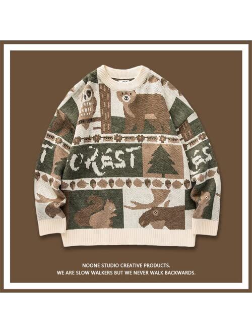 Christmas Pullover Sweater Autumn and Winter Mens Knitted Bear Pattern Block Oversized Couple Casual Pullover Sweater Men