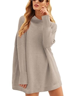Women Casual Turtleneck Batwing Sleeve Slouchy Oversized Ribbed Knit Tunic Sweaters Pullover