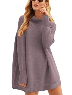Women Casual Turtleneck Batwing Sleeve Slouchy Oversized Ribbed Knit Tunic Sweaters Pullover