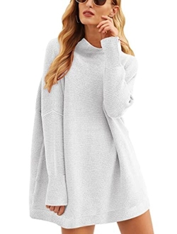 Women Casual Turtleneck Batwing Sleeve Slouchy Oversized Ribbed Knit Tunic Sweaters Pullover