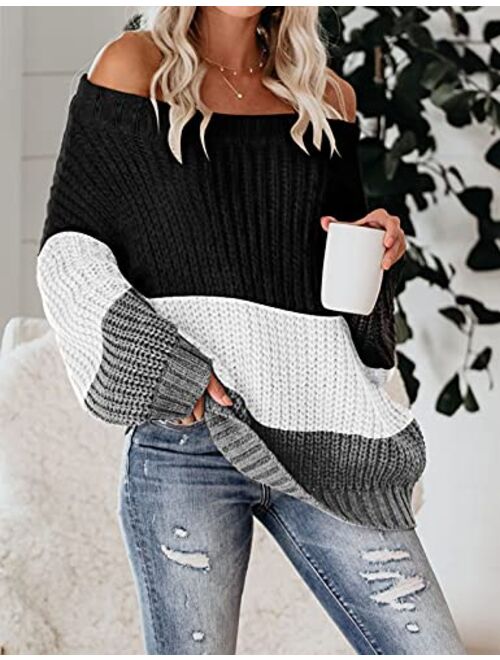 VIMPUNEC Womens Oversized Sweater Color Block Off The Shoulder Pullover Sweaters Cable Knit Chunky Striped Tops