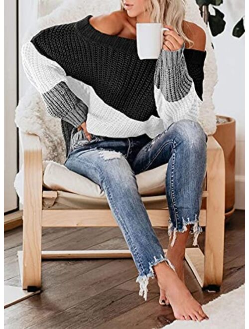VIMPUNEC Womens Oversized Sweater Color Block Off The Shoulder Pullover Sweaters Cable Knit Chunky Striped Tops