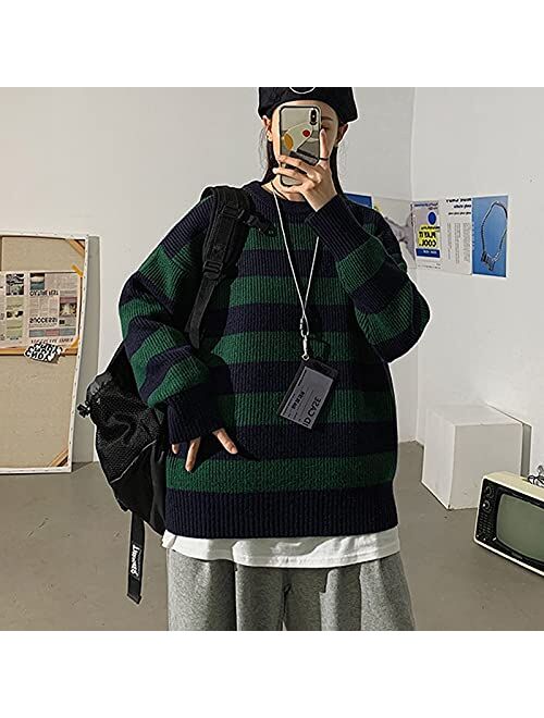 NCDUANSAN Knitted Striped Sweater Men's and Women's Casual Oversized Pullover Sweater Loose Warm Pullover Couple Suit(red,XL (60-70KG))