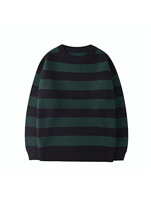 NCDUANSAN Knitted Striped Sweater Men's and Women's Casual Oversized Pullover Sweater Loose Warm Pullover Couple Suit(red,XL (60-70KG))