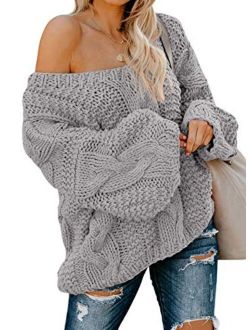 Astylish Women Sexy Long Sleeve Off Shoulder Loose Cable Knit Pullover Sweater