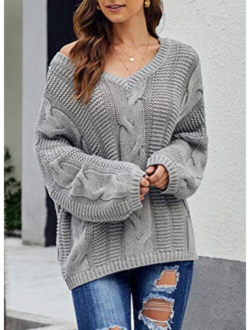 Astylish Women Sexy Long Sleeve Off Shoulder Loose Cable Knit Pullover Sweater