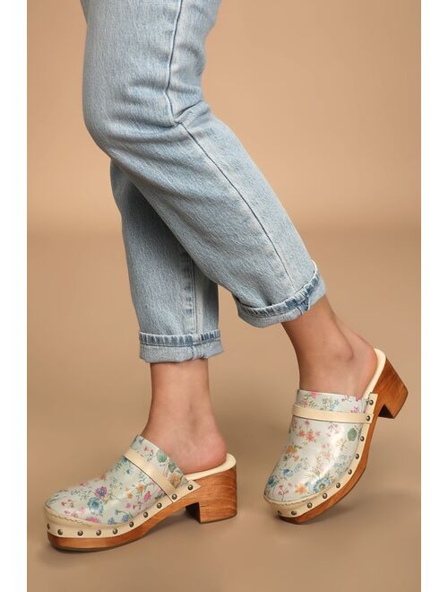 Free People Calabasas Ivory Floral Print Leather Studded Clogs