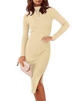 Women's 2023 Fall Long Sleeve Sweater Dress Turtleneck Slim Fit Ribbed Knit Slit Midi Dress