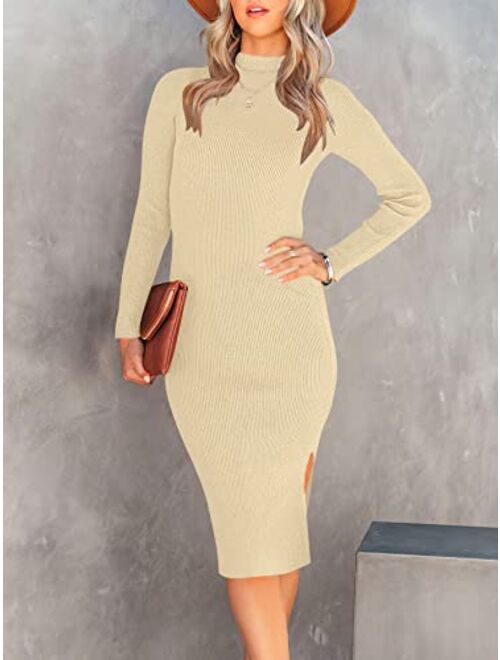 ANRABESS Women's 2023 Fall Long Sleeve Sweater Dress Turtleneck Slim Fit Ribbed Knit Slit Midi Dress