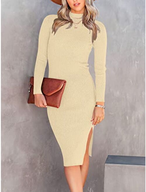 ANRABESS Women's 2023 Fall Long Sleeve Sweater Dress Turtleneck Slim Fit Ribbed Knit Slit Midi Dress