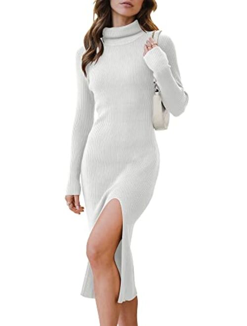 ANRABESS Women's 2023 Fall Long Sleeve Sweater Dress Turtleneck Slim Fit Ribbed Knit Slit Midi Dress
