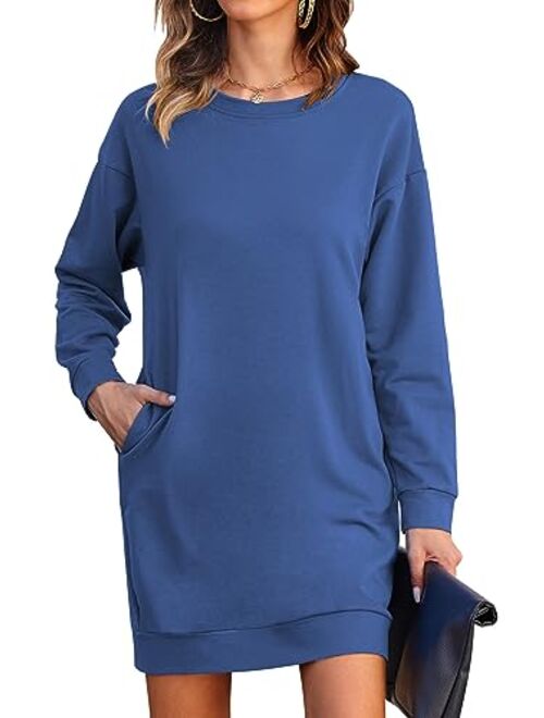LuckyMore Womens Long Sleeve Crewneck Sweatshirt Tunic Tops Casual Lightweight Sweatshirt Dress with Pockets