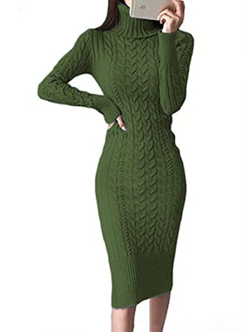 Fangetey Womens Long Sleeve Turtleneck Sweater Dresses Knitted Bodycon Midi Sheath Jumper Dresses