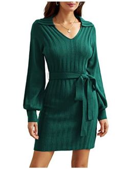 Women's Sweater Dresses Casual V Neck Slim Fit Long Sleeve Bodycon Pullover Dress with Belt