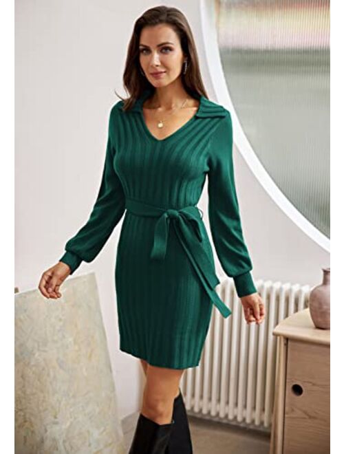GRACE KARIN Women's Sweater Dresses Casual V Neck Slim Fit Long Sleeve Bodycon Pullover Dress with Belt