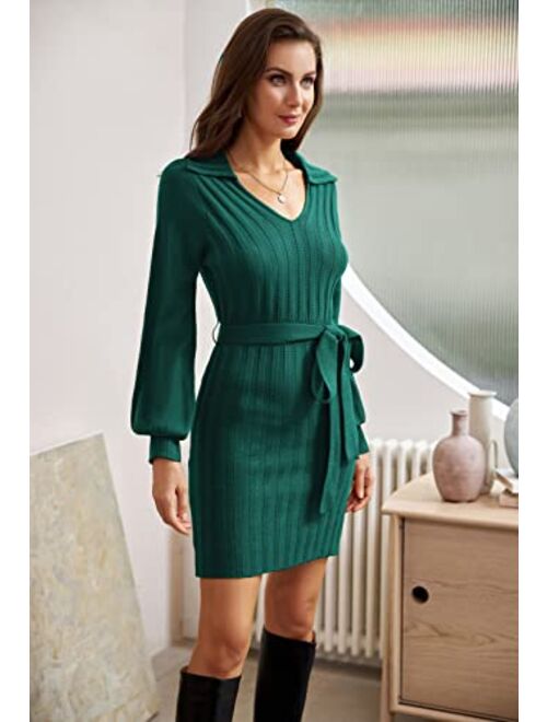 GRACE KARIN Women's Sweater Dresses Casual V Neck Slim Fit Long Sleeve Bodycon Pullover Dress with Belt