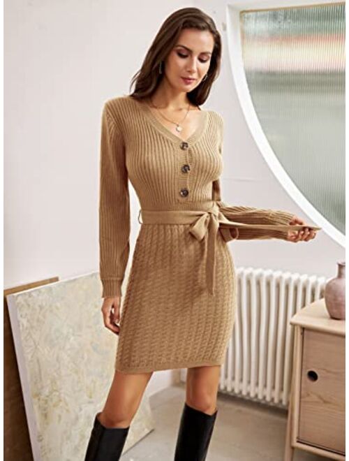 GRACE KARIN Women's Wrap V Neck Knitted Pullover Sweater Dress Long Sleeve Button Belt Bodycon Dress