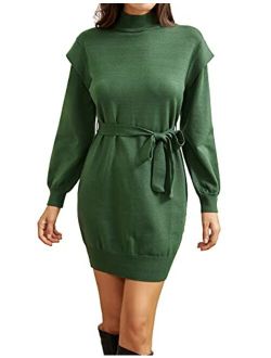 Women's Turtleneck Long Sleeve Elasticity Knit Bodycon Mini Sweater Dress with Belt