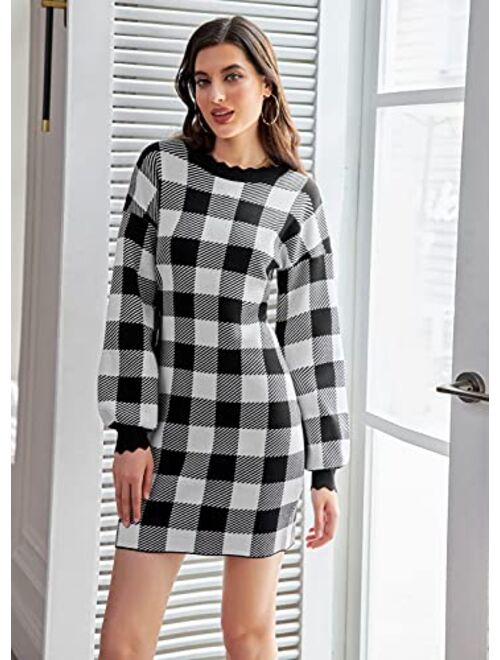 GRACE KARIN Women's Plaid Long Sleeve Bodycon Pullover Knitted Winter Mini Sweater Dress