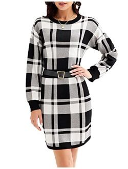 CURLBIUTY Women's Plaid Bodycon Sweater Dress Long Sleeve Knit Pullover Jumper Dresses