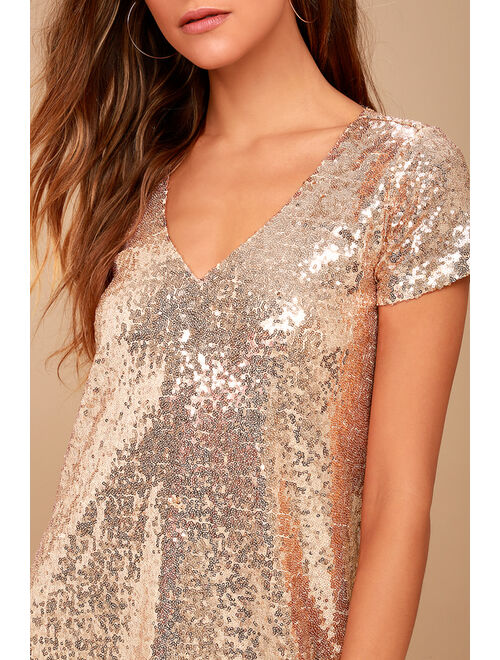 Lulus Light Up the Night Champagne Sequin Shift Dress