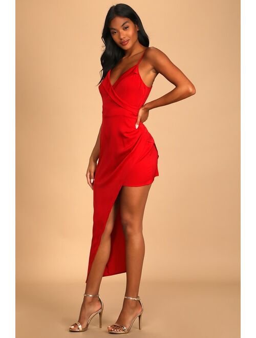 Lulus Let's Celebrate Tonight Red Satin Asymmetrical Dress