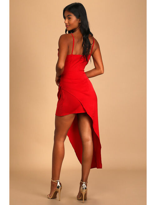 Lulus Let's Celebrate Tonight Red Satin Asymmetrical Dress