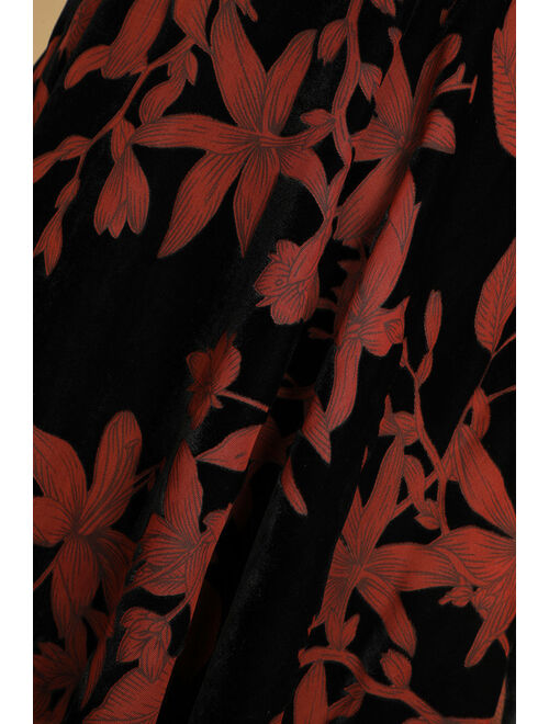 Lulus So Social Black and Red Burnout Velvet Floral Skater Dress