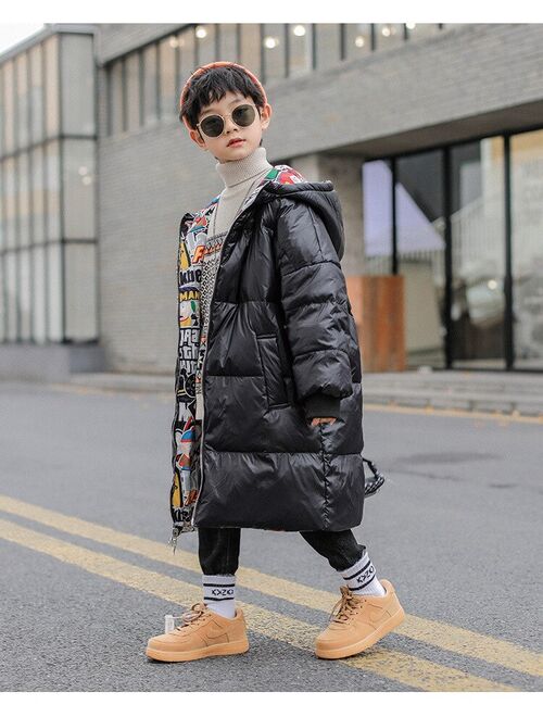 2021 Winter Children's Fashion Long Coat Boys Double-sided Down Coats Children's Warm Thicken Parker Hooded Jacket 8 10 12 14 Y