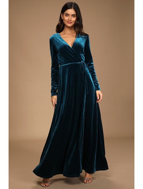 Lulus Jacinda Teal Blue Velvet Wrap Maxi Dress