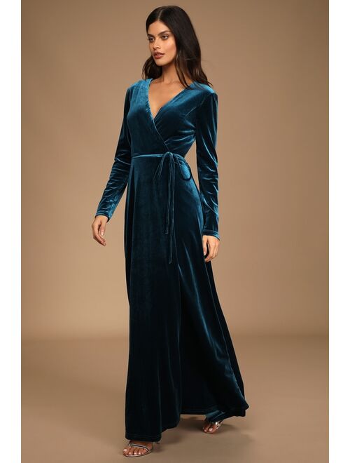 Lulus Jacinda Teal Blue Velvet Wrap Maxi Dress